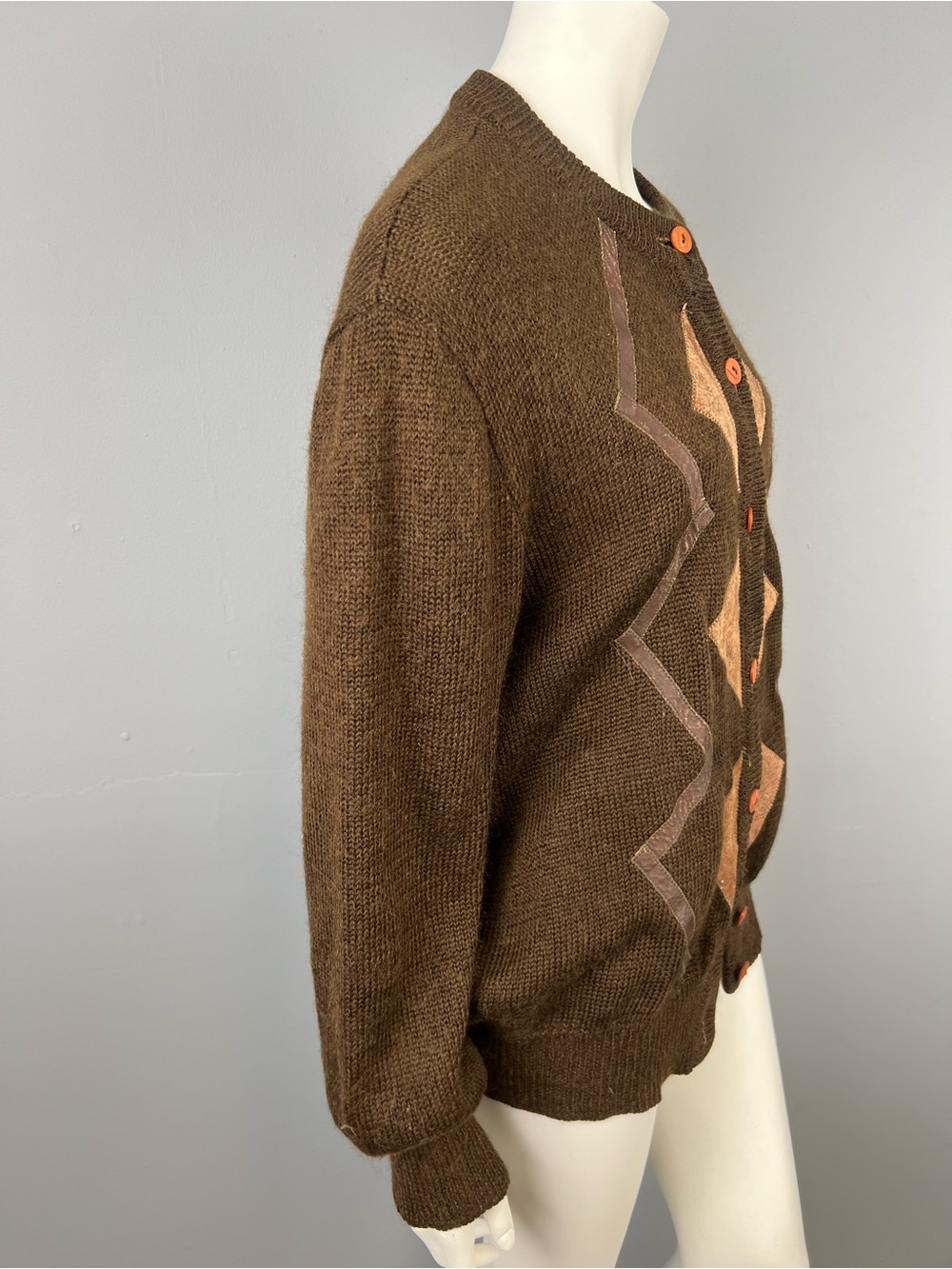 Knit Cardigan with Brown Geometric Faux Leather Appliqués - Picture 2 of 6